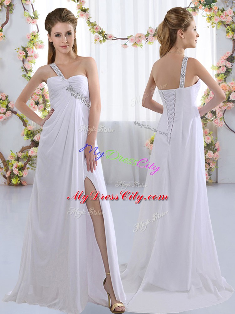 Fitting White Empire Chiffon One Shoulder Sleeveless Beading Lace Up Wedding Guest Dresses Brush Train