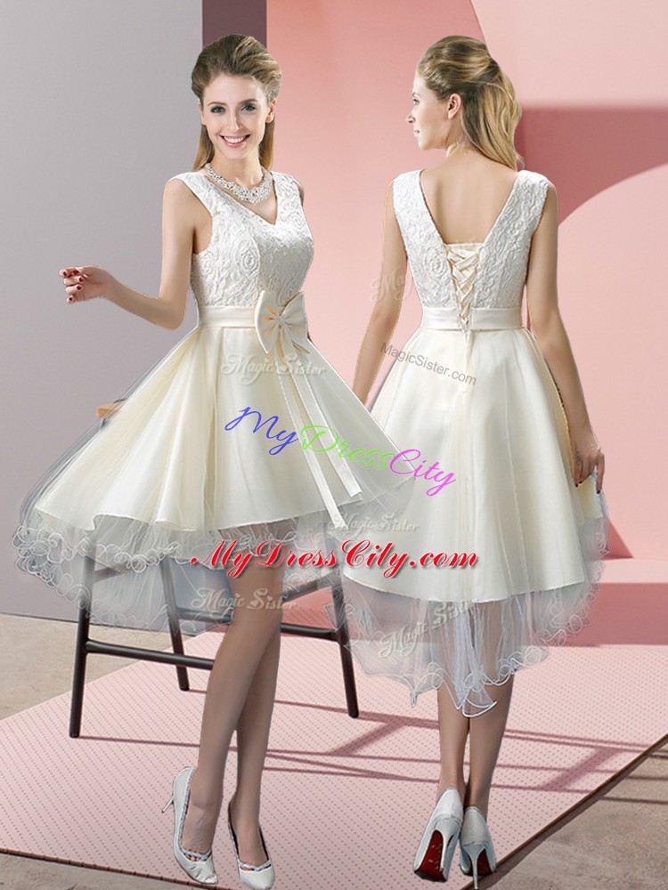 Best Tulle V-neck Sleeveless Lace Up Lace and Bowknot Dress for Prom in White