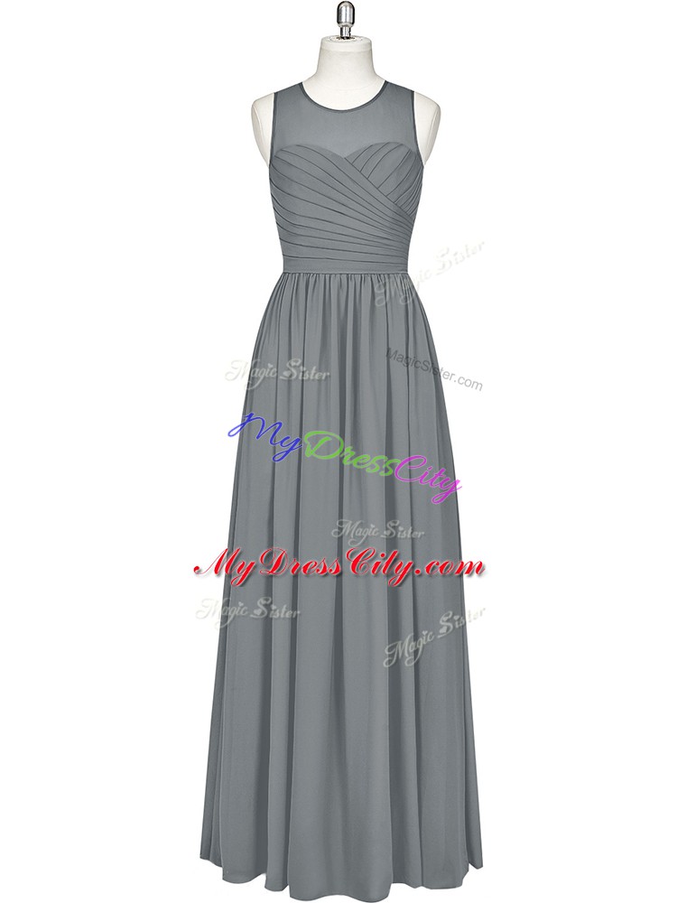 Nice Grey Empire Scoop Sleeveless Chiffon Floor Length Zipper Ruching Prom Dresses