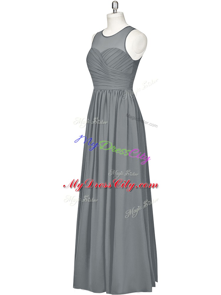 Nice Grey Empire Scoop Sleeveless Chiffon Floor Length Zipper Ruching Prom Dresses