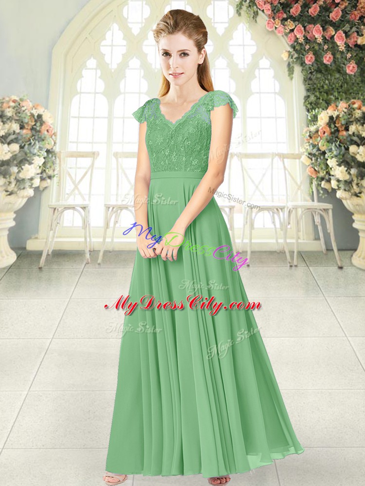 Superior Empire Evening Gowns Green V-neck Chiffon Cap Sleeves Ankle Length Zipper