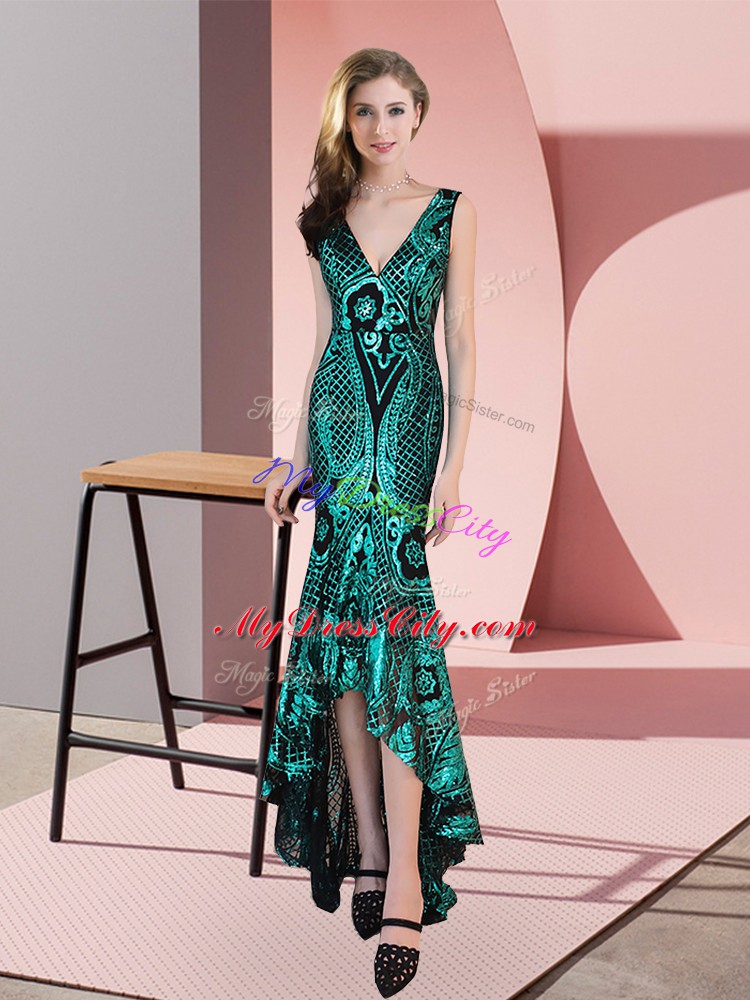 Beauteous Green Homecoming Dress Prom and Party with Ruching V-neck Sleeveless Zipper