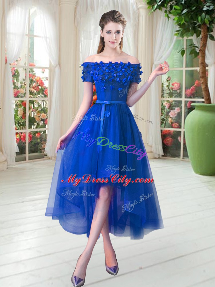 Royal Blue Short Sleeves Appliques High Low