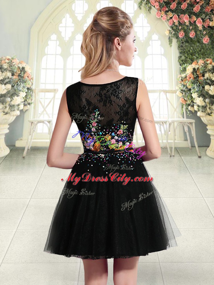 Gorgeous Black Tulle Side Zipper Womens Evening Dresses Sleeveless Mini Length Beading and Embroidery