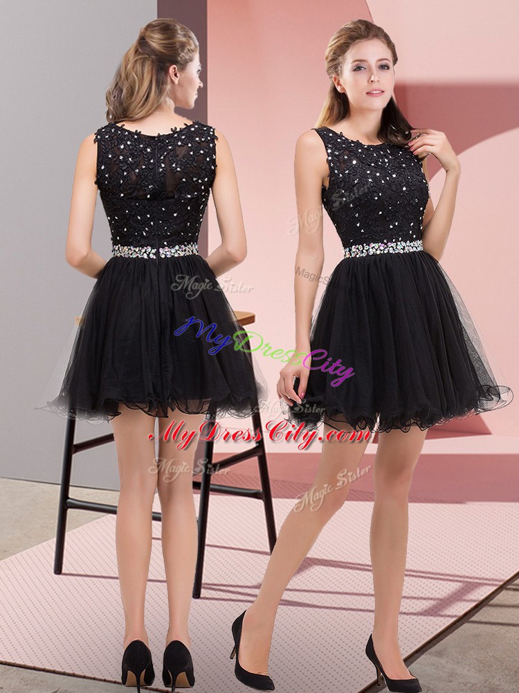 Black Zipper Scoop Beading Prom Gown Tulle Sleeveless