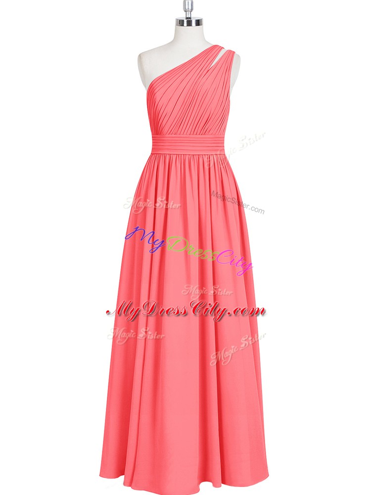 Simple Sleeveless Chiffon Floor Length Zipper Prom Party Dress in Red with Ruching