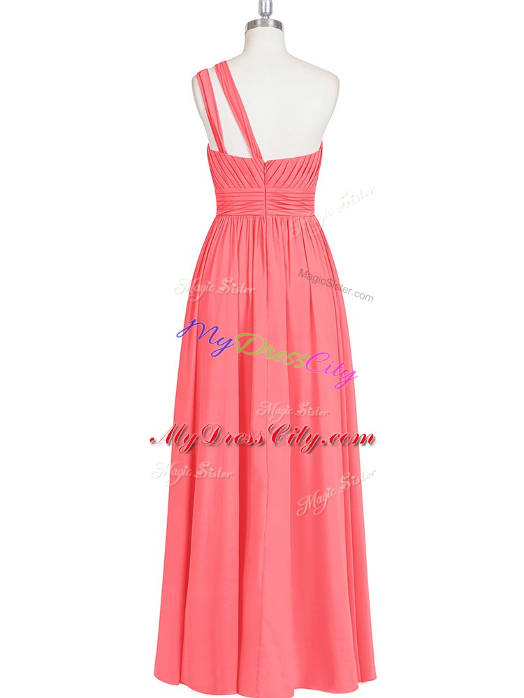 Simple Sleeveless Chiffon Floor Length Zipper Prom Party Dress in Red with Ruching