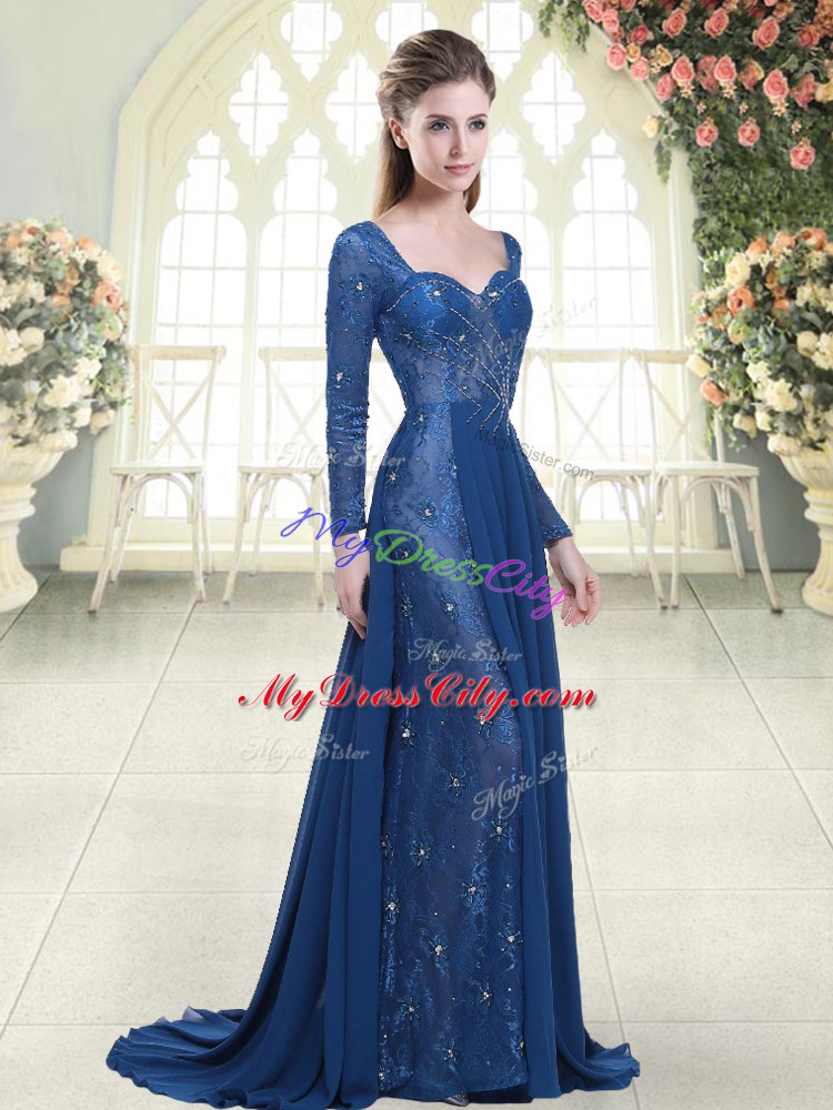 Chic Blue Long Sleeves Sweep Train Beading and Lace Prom Dresses