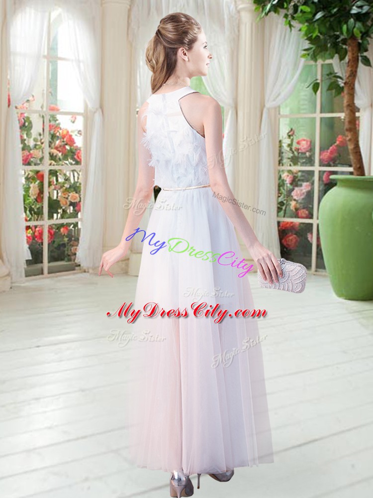 Sleeveless Tulle Ankle Length Zipper Prom Dress in White with Appliques