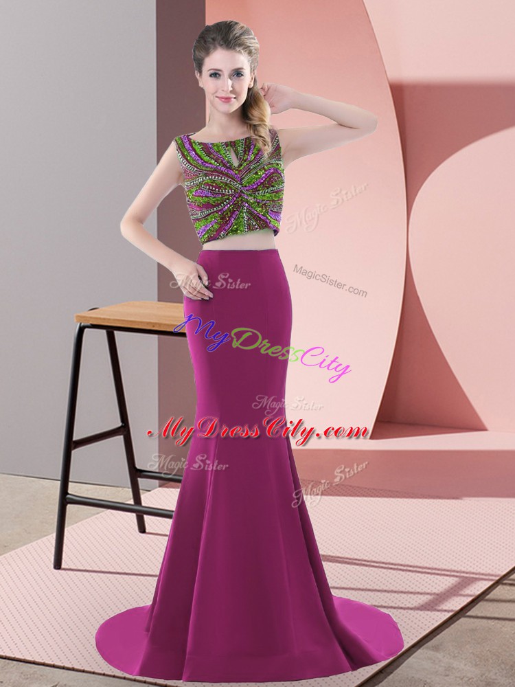 Dramatic Beading Prom Party Dress Fuchsia Backless Sleeveless Sweep Train