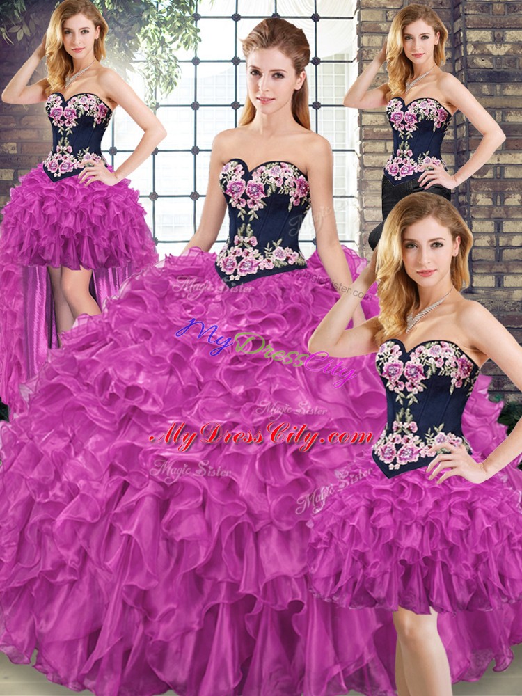 Sweep Train Ball Gowns Quinceanera Dress Fuchsia Sweetheart Organza Sleeveless Lace Up