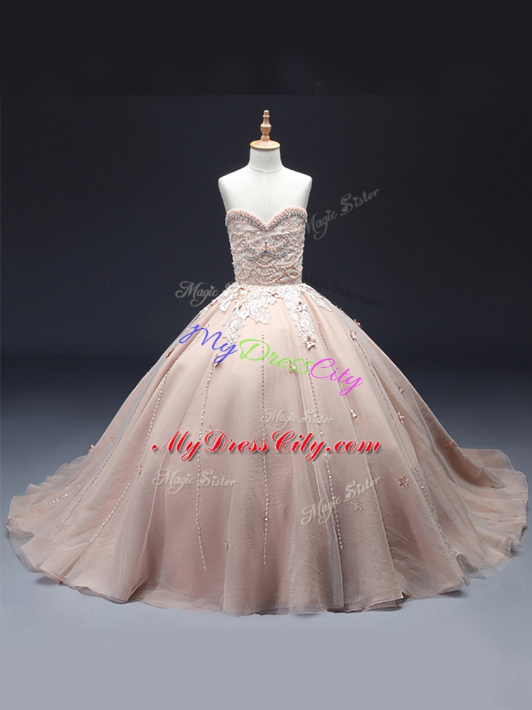 Floor Length Ball Gowns Sleeveless Pink Pageant Dress for Teens Lace Up