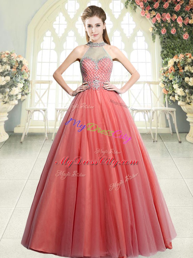 Fantastic Sleeveless Floor Length Beading Zipper Dress for Prom with Watermelon Red