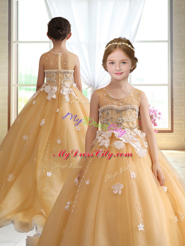 Gold Organza Zipper Little Girls Pageant Gowns Sleeveless Brush Train Beading and Appliques