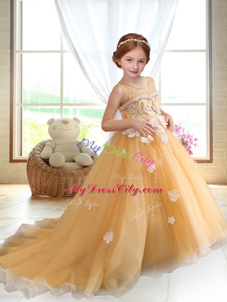 Gold Organza Zipper Little Girls Pageant Gowns Sleeveless Brush Train Beading and Appliques