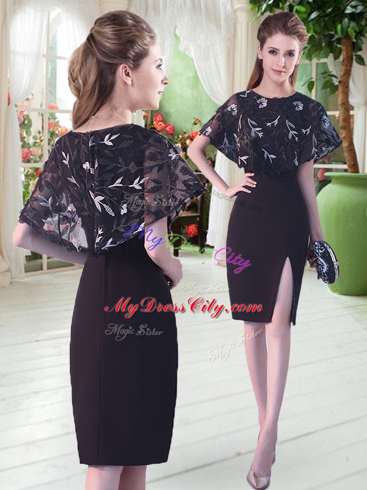 Best Selling Knee Length Column/Sheath Half Sleeves Black Prom Dresses Lace Up