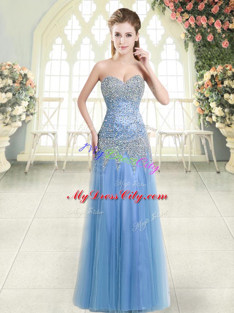 Blue Column/Sheath Sweetheart Sleeveless Tulle Floor Length Zipper Beading Prom Dresses