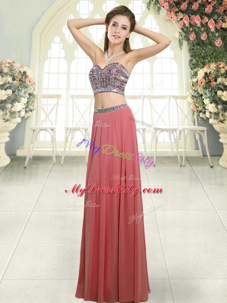 Low Price Sweetheart Sleeveless Evening Gowns Floor Length Beading Watermelon Red Chiffon