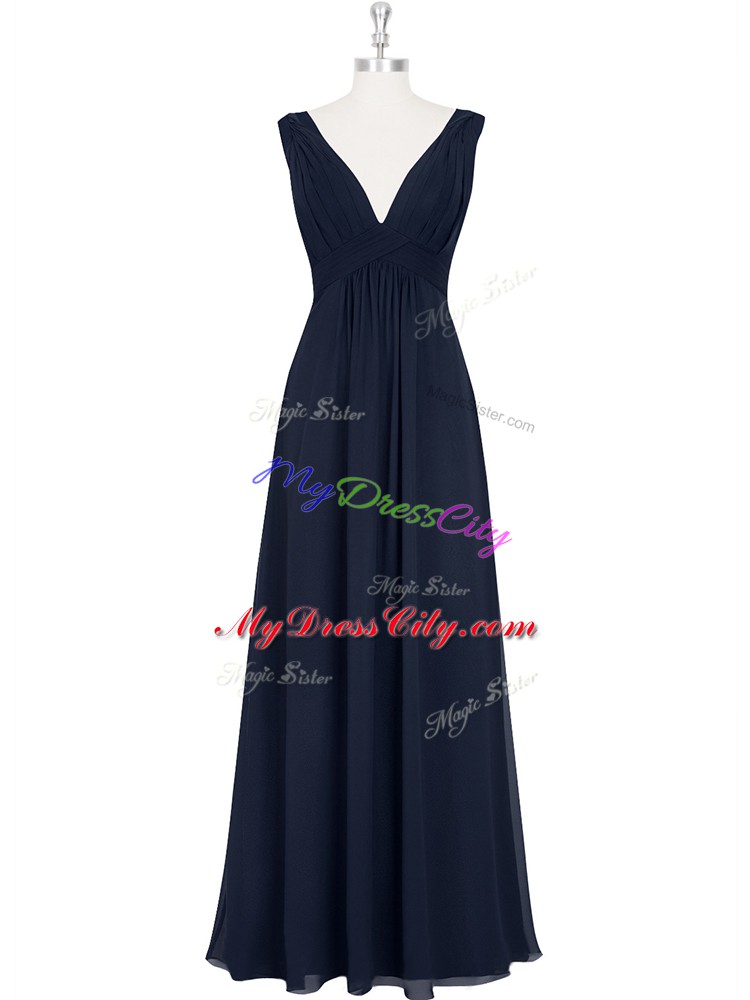 Black Sleeveless Floor Length Ruching Backless Evening Dress