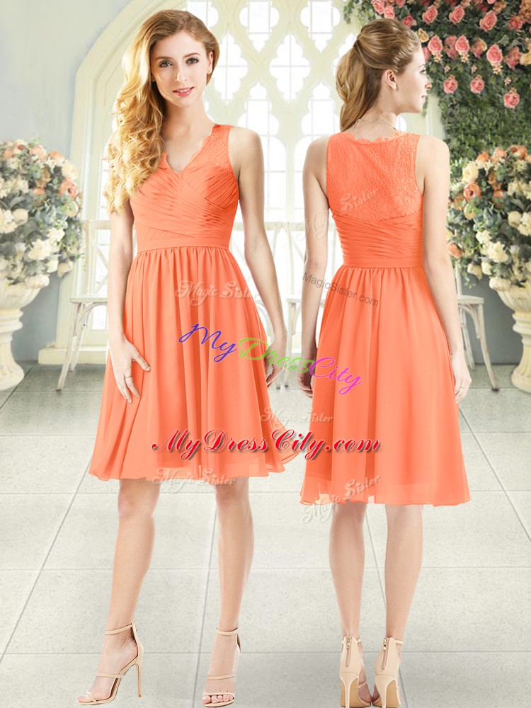 Stylish Orange Chiffon Side Zipper Prom Dress Sleeveless Knee Length Lace