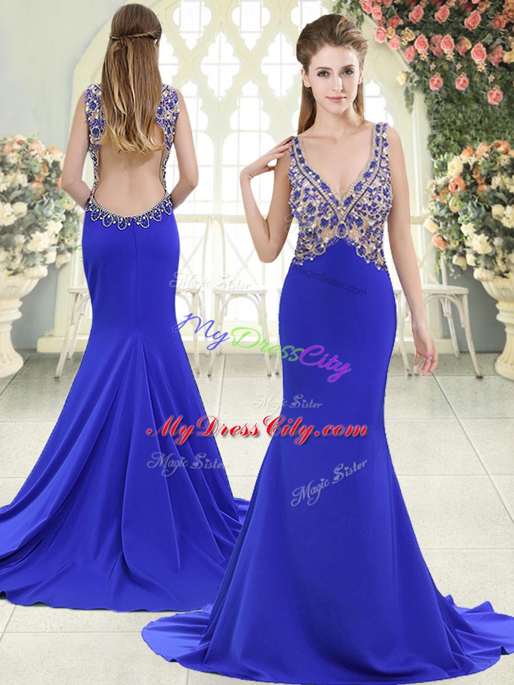 Blue Sleeveless Elastic Woven Satin Sweep Train Backless Prom Evening Gown for Prom and Party