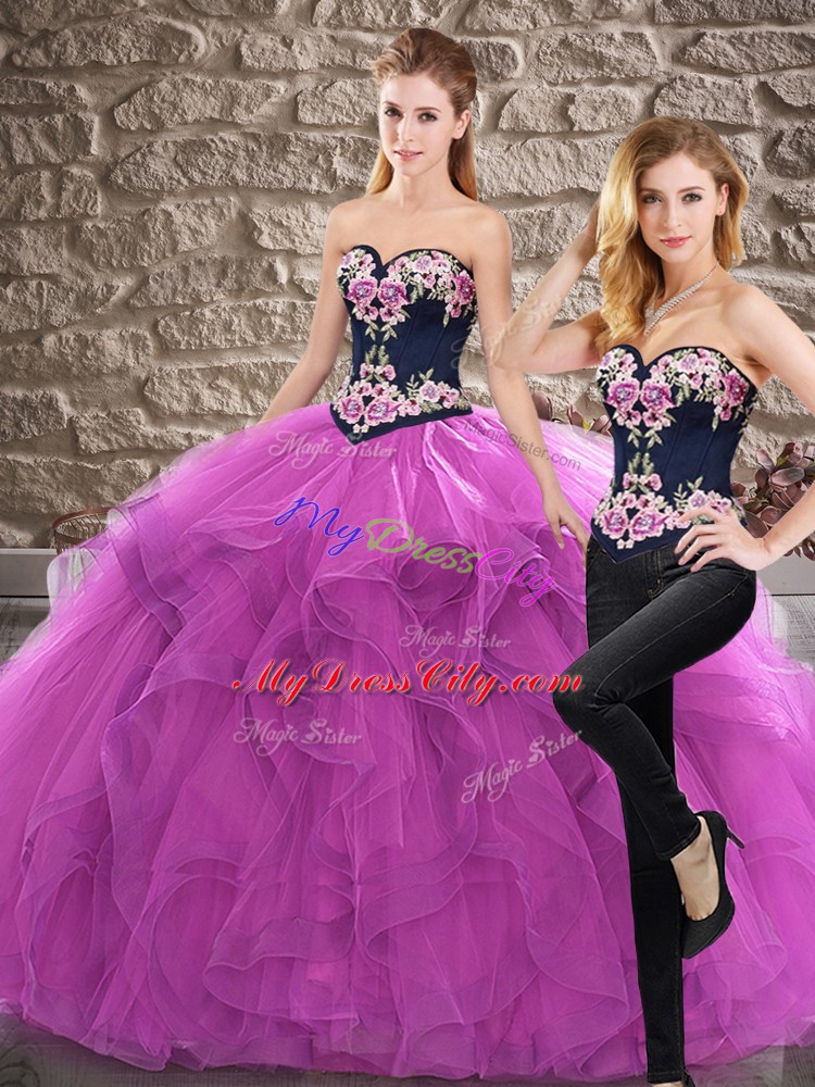 Pretty Purple Sleeveless Sweep Train Lace Up Quinceanera Dress for Military Ball and Sweet 16 and Quinceanera