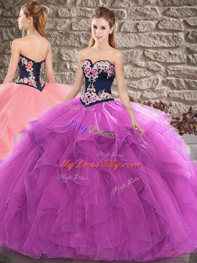 Pretty Purple Sleeveless Sweep Train Lace Up Quinceanera Dress for Military Ball and Sweet 16 and Quinceanera