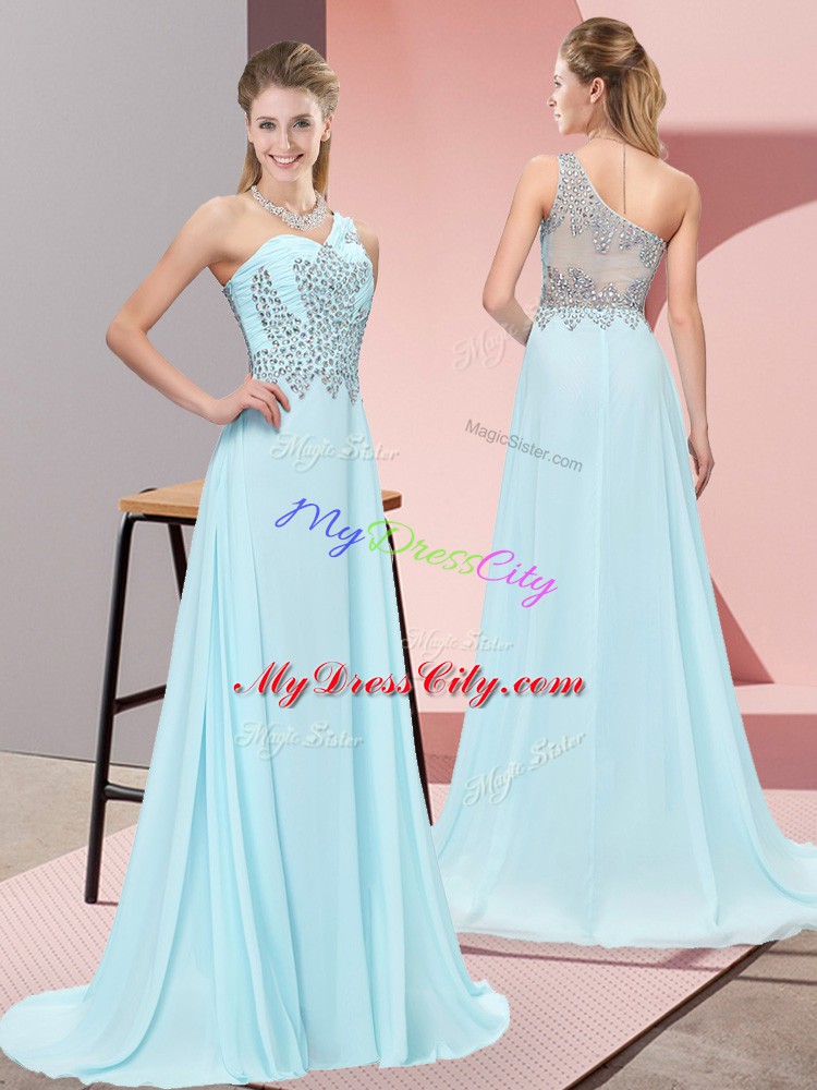 Clearance Baby Blue One Shoulder Side Zipper Beading Evening Dress Sweep Train Sleeveless