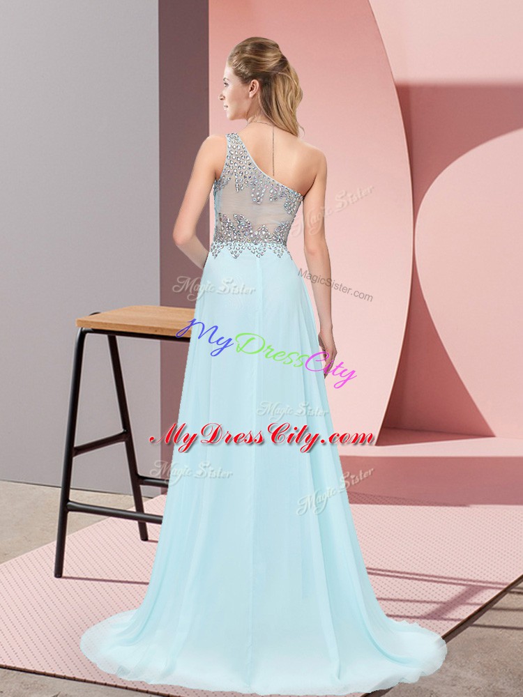 Clearance Baby Blue One Shoulder Side Zipper Beading Evening Dress Sweep Train Sleeveless