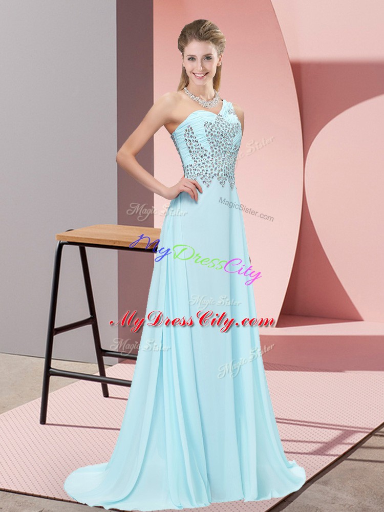 Clearance Baby Blue One Shoulder Side Zipper Beading Evening Dress Sweep Train Sleeveless