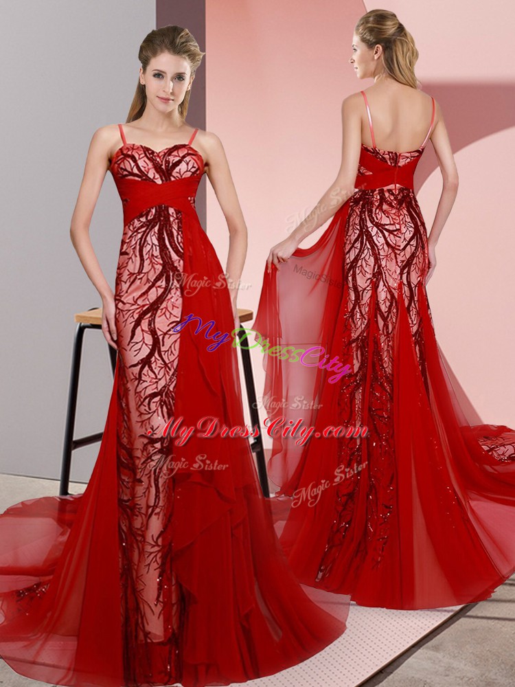 Low Price Red Sleeveless Satin Sweep Train Lace Up Prom Dresses for Prom and Party