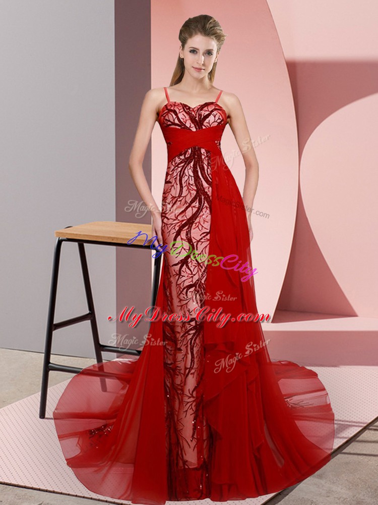 Low Price Red Sleeveless Satin Sweep Train Lace Up Prom Dresses for Prom and Party