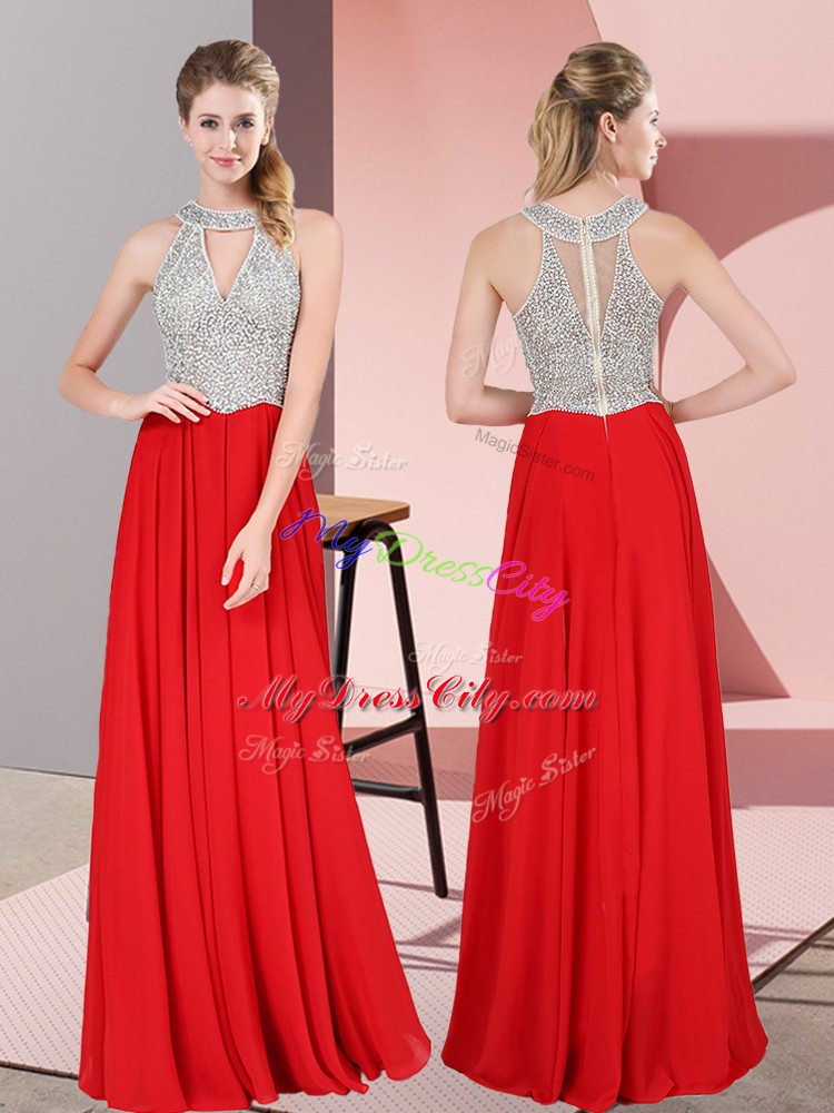 Red Scoop Zipper Beading and Lace Homecoming Dress Sleeveless