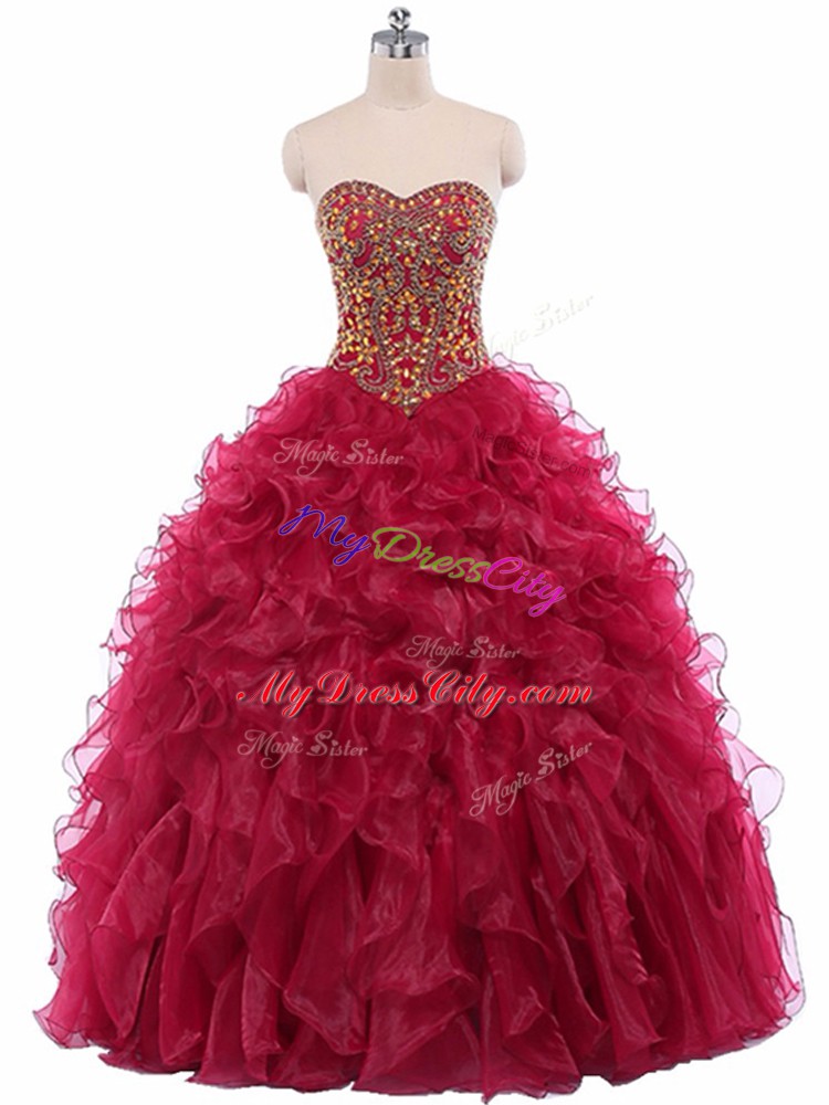 Floor Length Wine Red 15 Quinceanera Dress Organza Sleeveless Beading and Ruffles