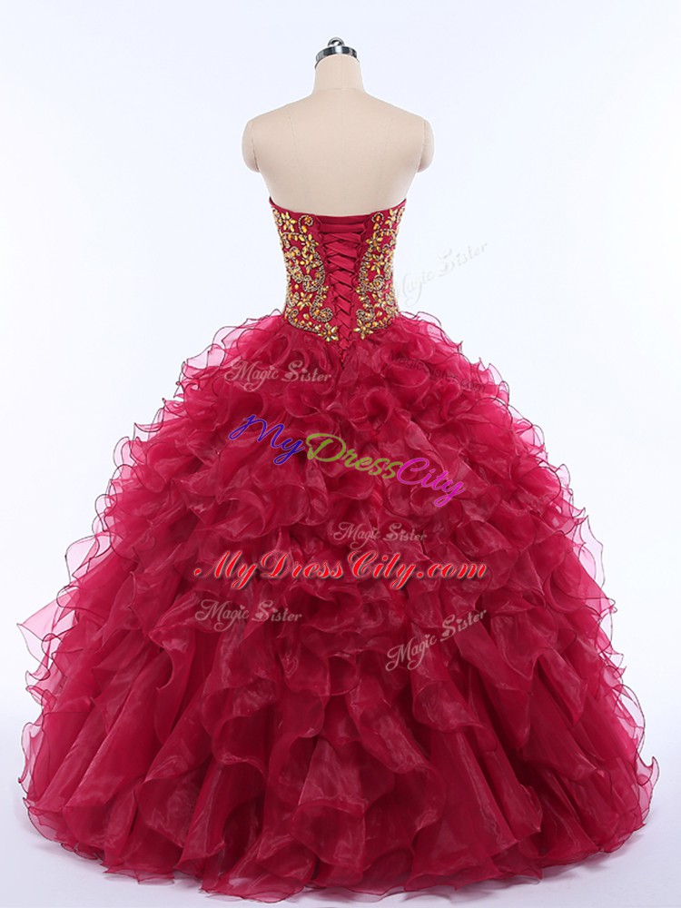 Floor Length Wine Red 15 Quinceanera Dress Organza Sleeveless Beading and Ruffles