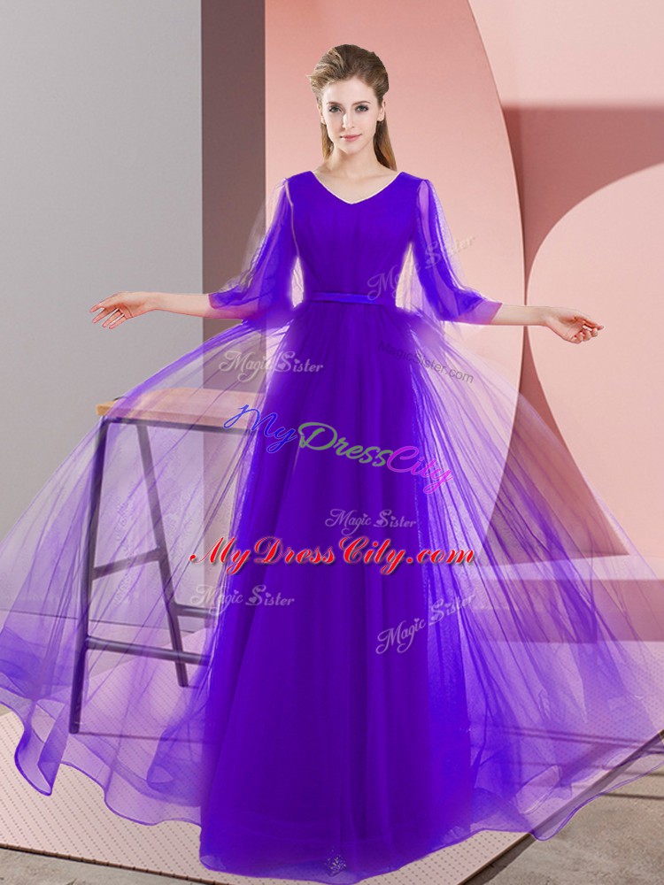 Purple A-line V-neck Long Sleeves Tulle Floor Length Zipper Beading Prom Evening Gown