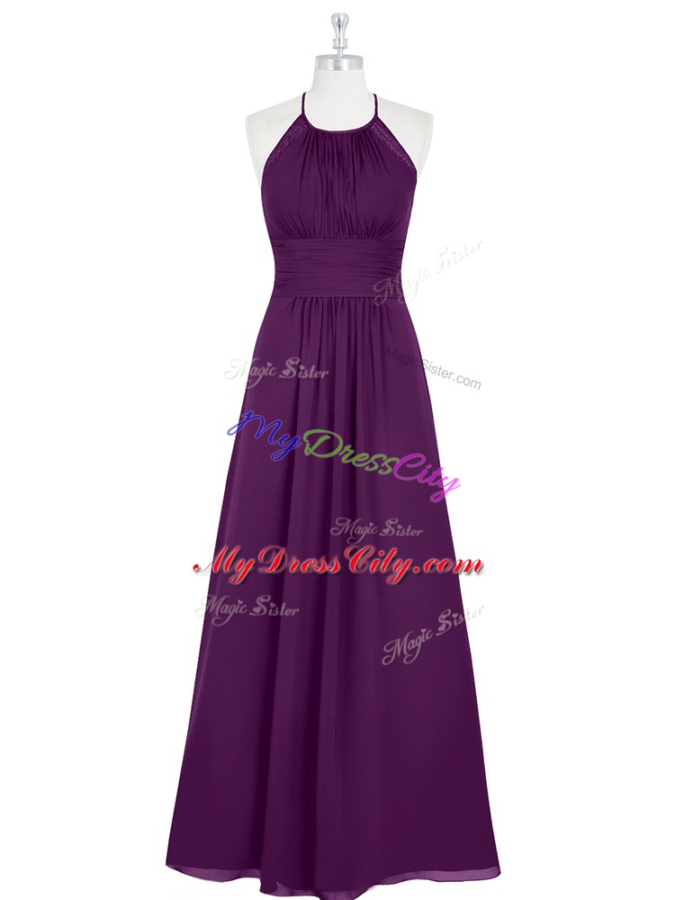 Exquisite Floor Length Eggplant Purple Evening Dress Halter Top Sleeveless Zipper