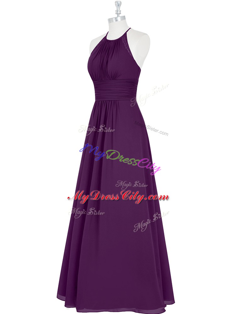 Exquisite Floor Length Eggplant Purple Evening Dress Halter Top Sleeveless Zipper