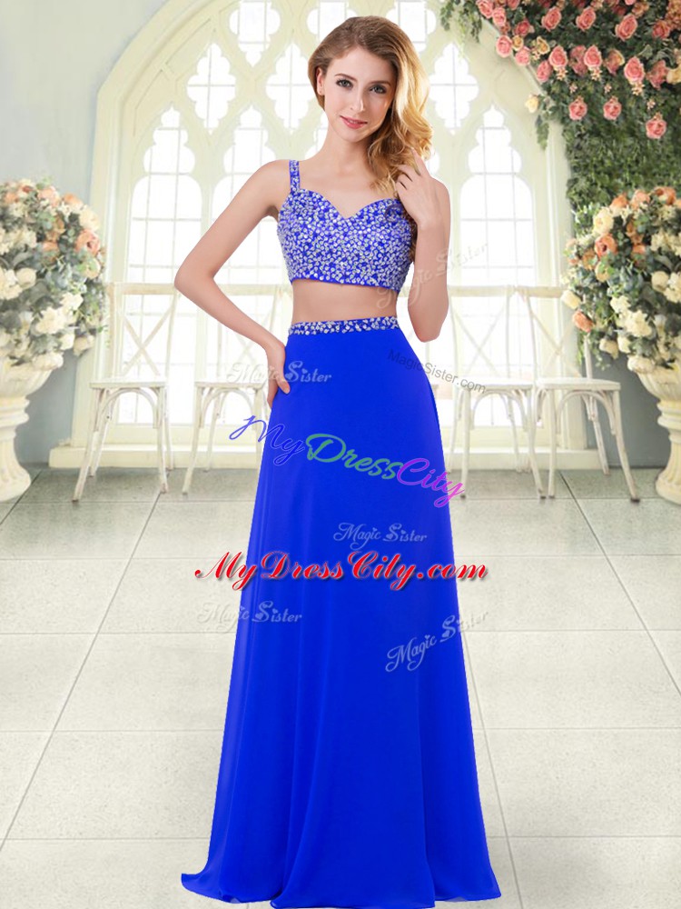 Decent Royal Blue Chiffon Zipper Prom Dresses Sleeveless Floor Length Beading