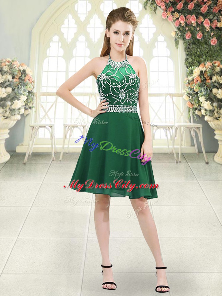 Sexy Halter Top Sleeveless Prom Dresses Knee Length Beading Dark Green Chiffon