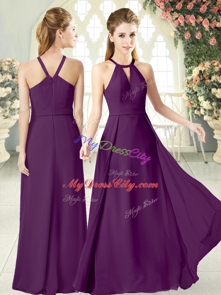 Simple Sleeveless Chiffon Floor Length Zipper Prom Party Dress in Purple with Ruching