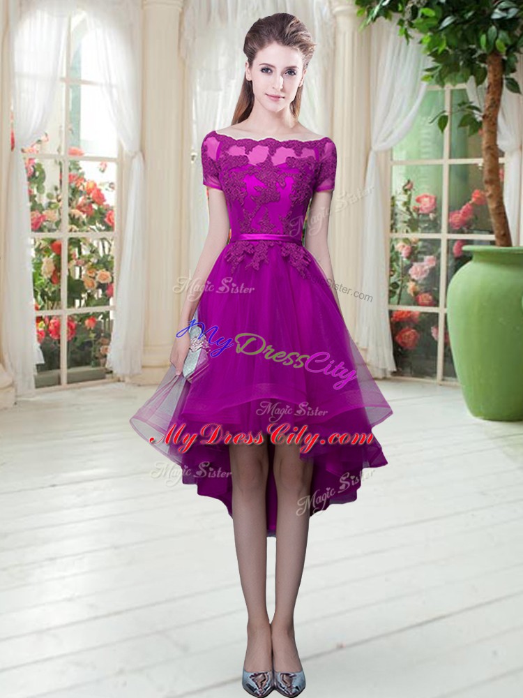 High Low Lace Up Prom Dresses Purple for Prom and Party with Appliques