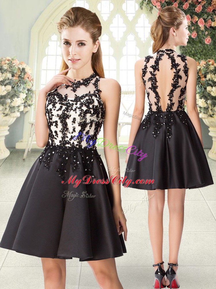 Flirting Mini Length Black Evening Dress Satin Sleeveless Beading and Appliques