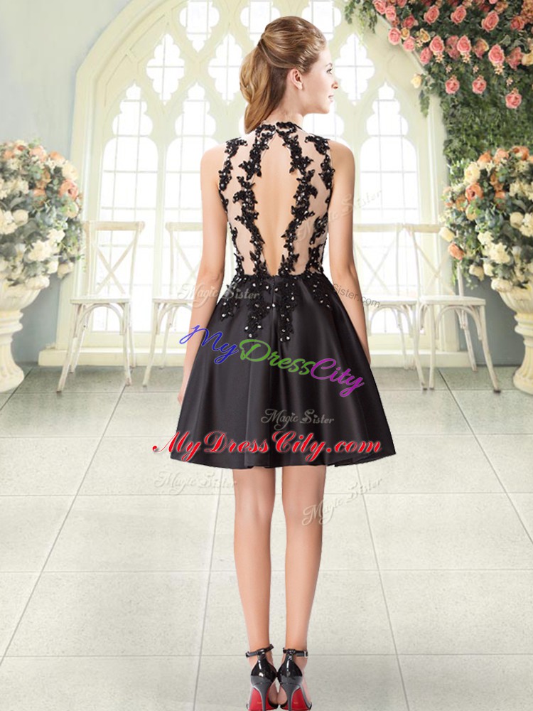 Flirting Mini Length Black Evening Dress Satin Sleeveless Beading and Appliques