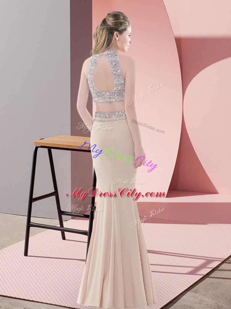 Noble Champagne Satin Backless Prom Evening Gown Sleeveless Floor Length Beading