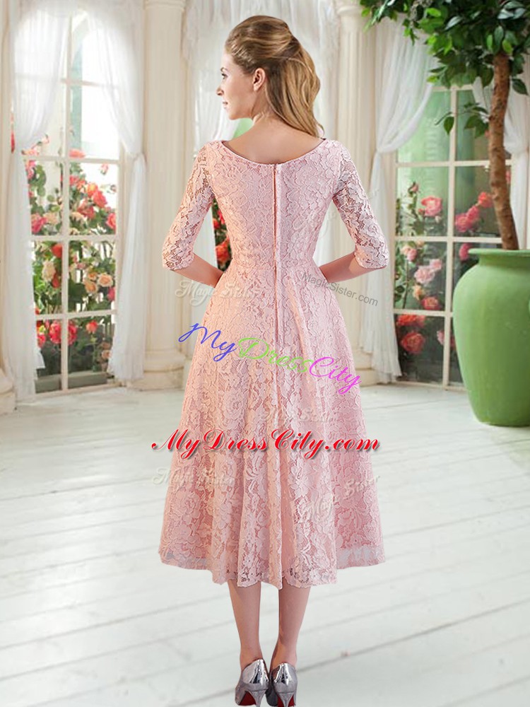 Beauteous Pink Off The Shoulder Neckline Beading Prom Dress Half Sleeves Zipper