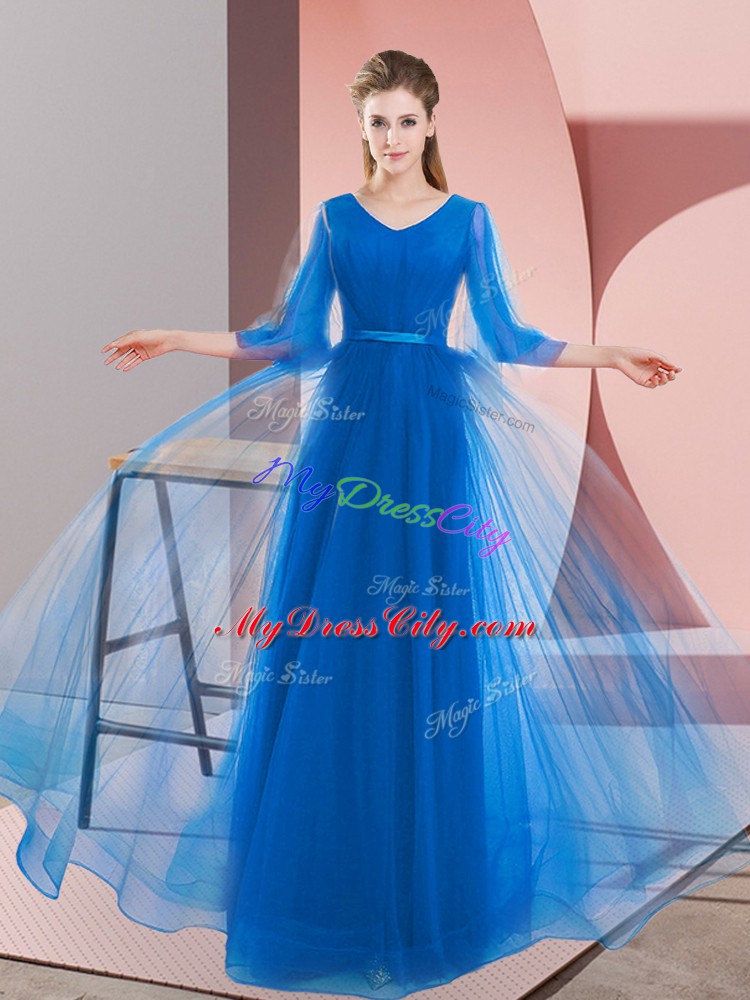 Blue Tulle Lace Up V-neck Long Sleeves Floor Length Beading