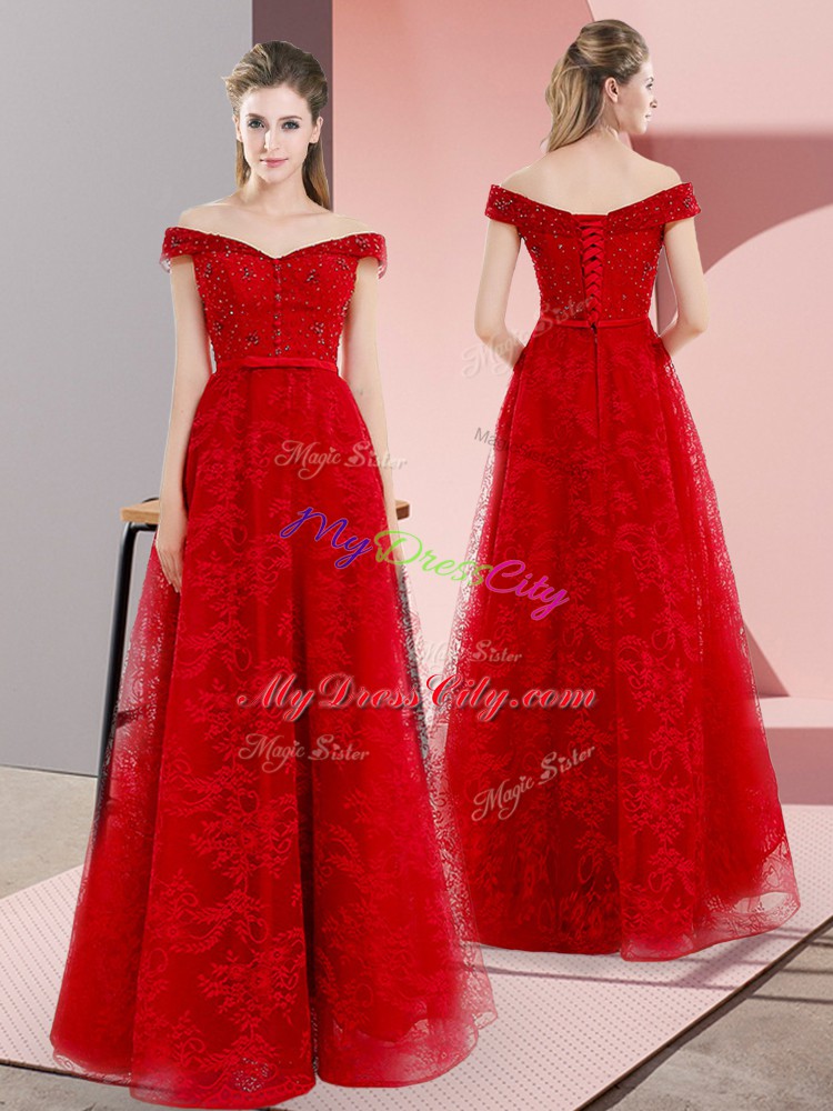 Red Sleeveless Sweep Train Beading and Lace Prom Evening Gown