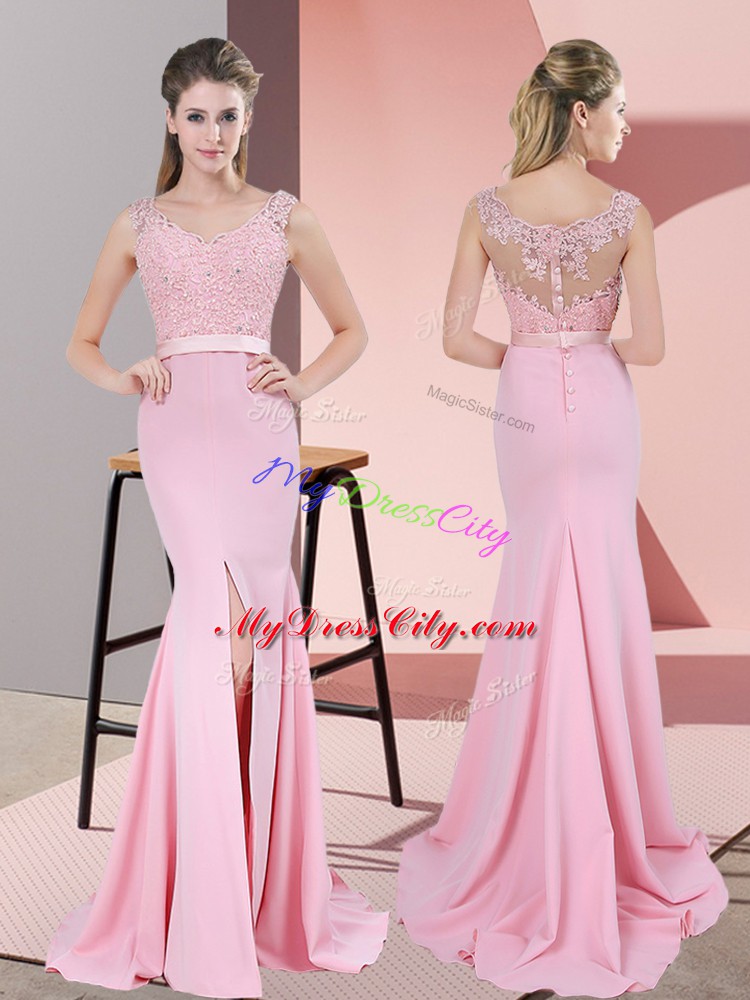 Latest Baby Pink Sleeveless Chiffon Sweep Train Zipper Evening Wear for Prom and Party and Military Ball