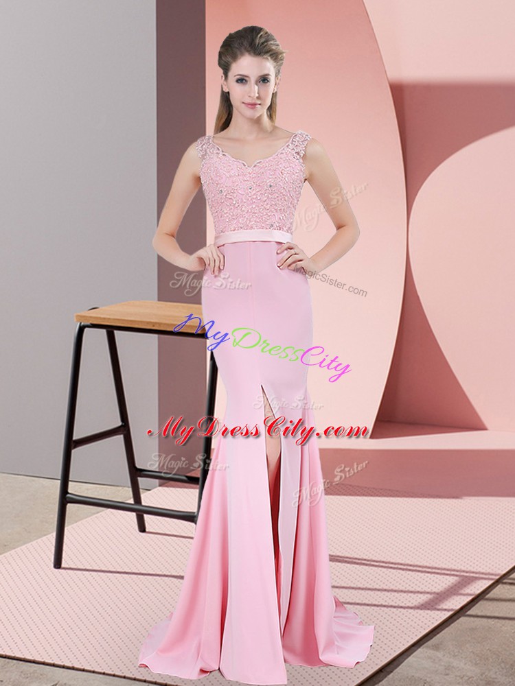 Latest Baby Pink Sleeveless Chiffon Sweep Train Zipper Evening Wear for Prom and Party and Military Ball